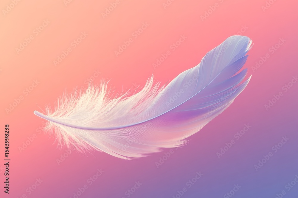 Obraz premium Delicate White Feather Against Gradient Pink and Purple Background, Soft and Airy Aesthetic.