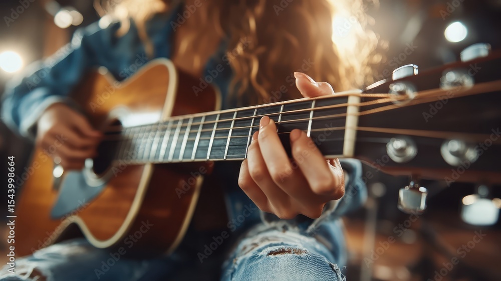 Fototapeta premium This intimate image focuses on a musician skillfully playing an acoustic guitar, highlighting the artistry and passion behind music creation, conveying emotions through sound and creativity.