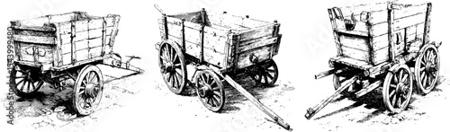 Vintage han-draw illustration of antique wooden cart for historical design 