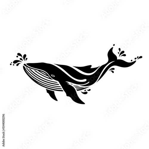 A black and white illustration of a whale spouting water with decorative waves and stylized design elements
