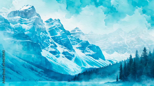 Watercolor landscape of majestic snow covered mountains surrounded by dense pine forests, rendered in cool blue tones perfect for winter themes, nature art, or outdoor adventure designs.