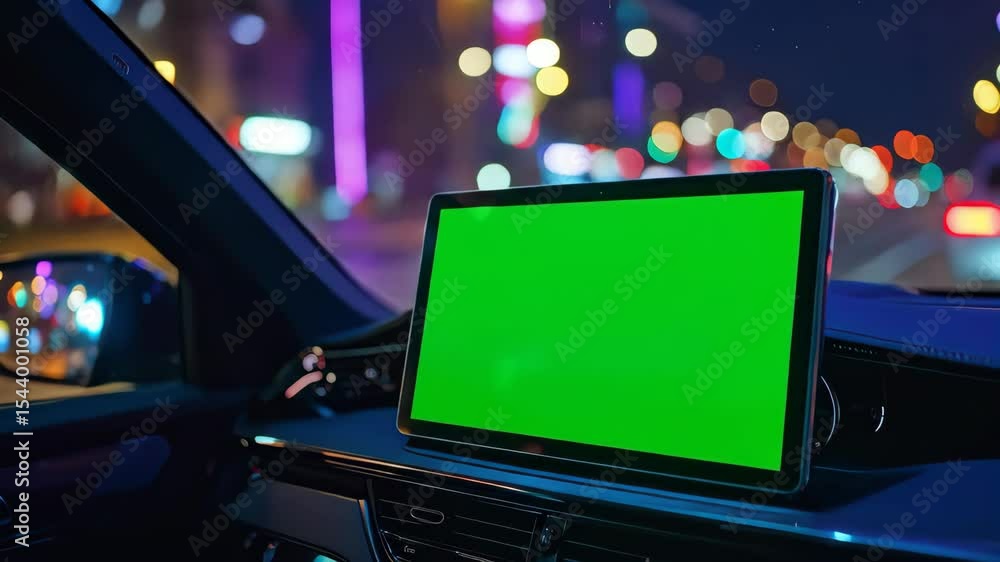 Illuminated city lights blur behind a dashboard A green screen tablet rests in the dark car Technology meets urban exploration on a late night journey Illuminated city lights blur behind a dashboard A green screen tablet rests in the dark car Technology meets urban exploration on a late night journey