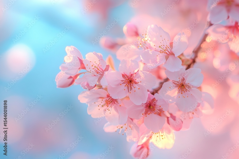 Close-up of delicate pink cherry blossom flowers blooming in springtime against a soft blue sky. Close-up of delicate pink cherry blossom flowers blooming in springtime against a soft blue sky.