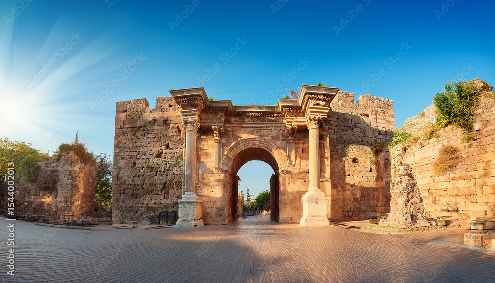 Naklejka premium hadrian gate also known as the uc kapilar at the entrance to antalya old town or kaleici on a sunny day