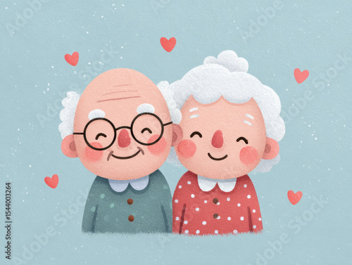 Smiling grandparents with hearts on a light blue background