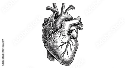 Detailed monochrome vector sketch of a human anatomical heart, hand-drawn scientific line illustration for biology or medical design