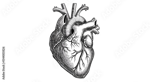 Detailed monochrome vector sketch of a human anatomical heart, hand-drawn scientific line illustration for biology or medical design