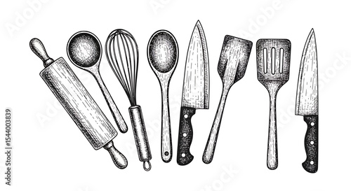 Vintage kitchen utensils sketch in monochrome vector style, hand-drawn culinary line art for recipe cards, cooking blogs, and decor