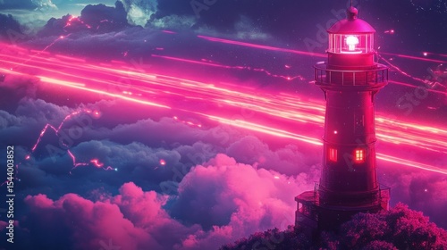 Lighthouse atop clouds, vibrant pink/red light trails