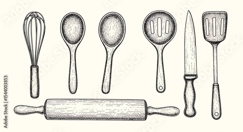 Vintage kitchen utensils sketch in monochrome vector style, hand-drawn culinary line art for recipe cards, cooking blogs, and decor