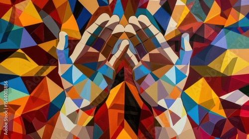Abstract Geometric Painting of Raised Hands