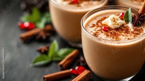 Fototapeta Naklejka Na Ścianę i Meble -  A lavish display of creamy spiced drinks garnished with red berries and spices, inviting indulgence and warmth, perfect for cozy gatherings during chilly evenings or festive seasons.