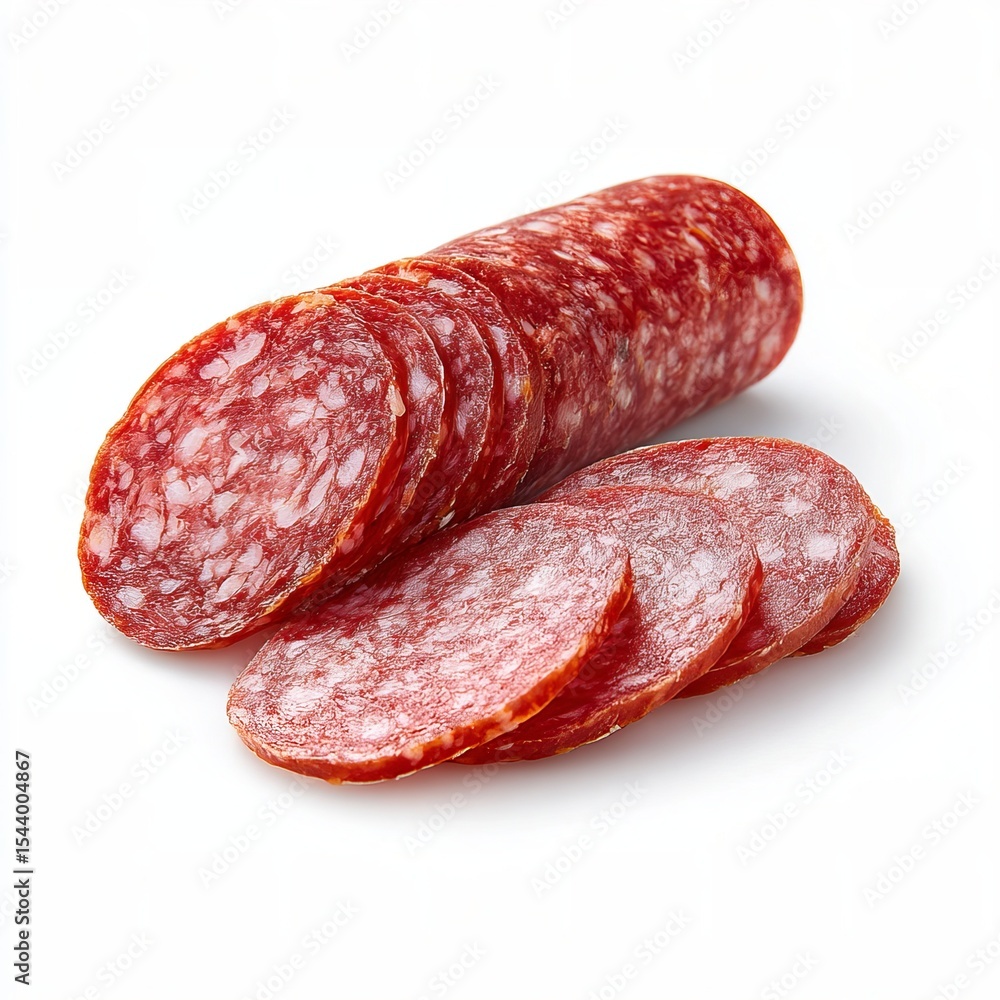Delicious salami sausage cut into slices, capturing the enticing details of the meat Delicious salami sausage cut into slices, capturing the enticing details of the meat