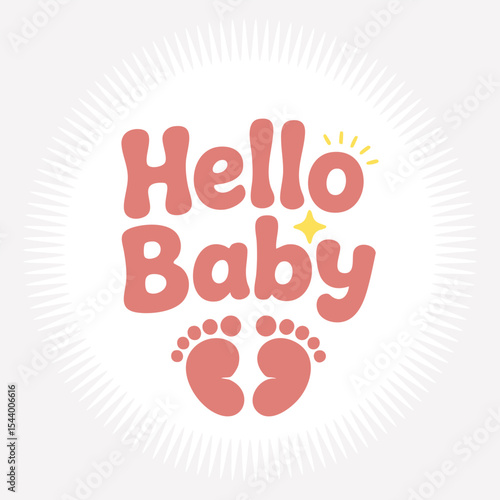 Hello Baby Typography with Footprints and Radiant Lines – Vector Illustration