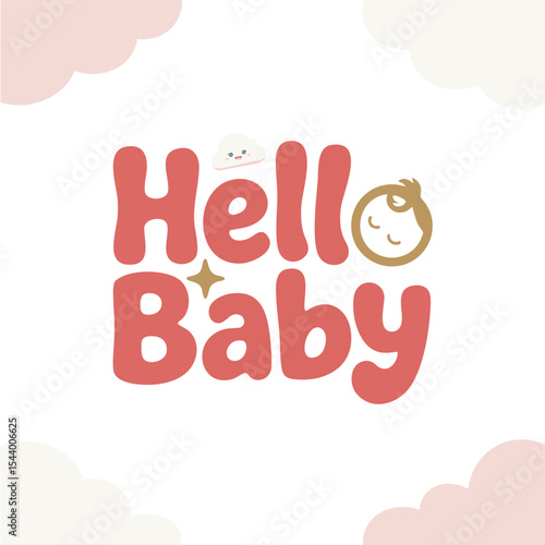Hello Baby Typography with Cute Baby Face and Pastel Clouds – Vector Illustration