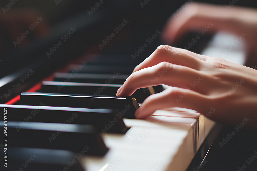 Obraz premium Piano performance close-up: Focus on fingers pressing keys for a harmonious melody. Keys, black, white, and red, create a classic contrast.