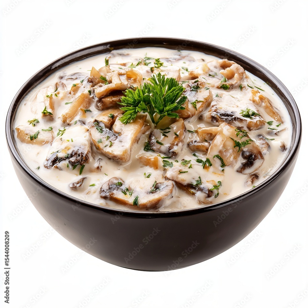 A creamy mushroom soup served in a stylish black bowl, topped with parsley A creamy mushroom soup served in a stylish black bowl, topped with parsley