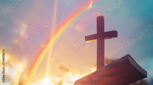 Cross Silhouette with Rainbow and Sky