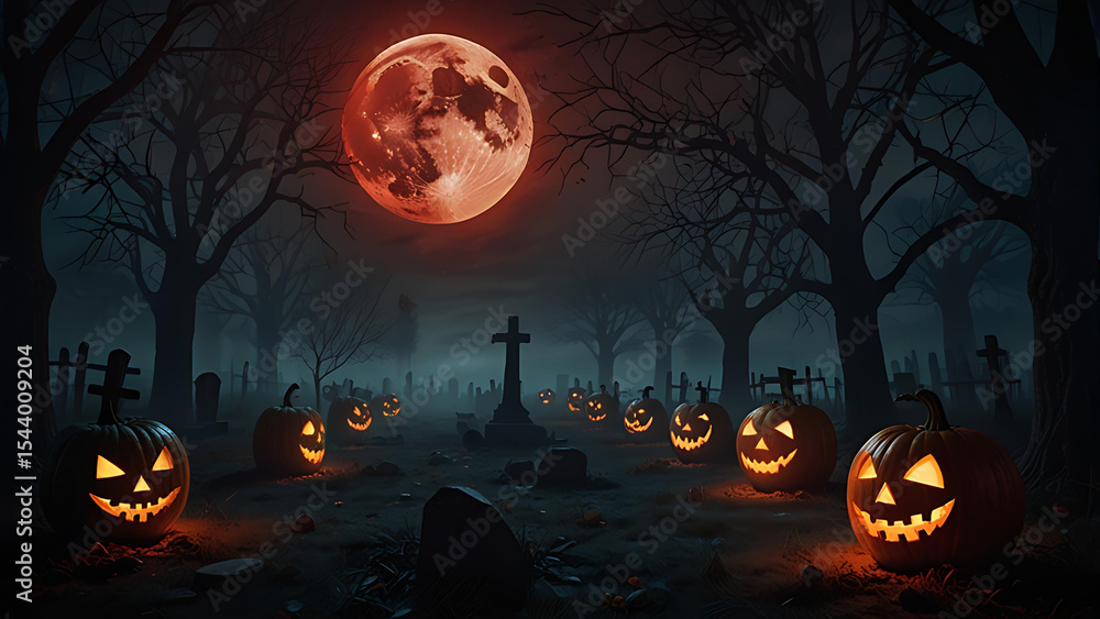 Fototapeta premium A sinister glowing jack-o'-lantern in a foggy graveyard, surrounded by skeletal hands reaching from the ground, under a blood-red moon.