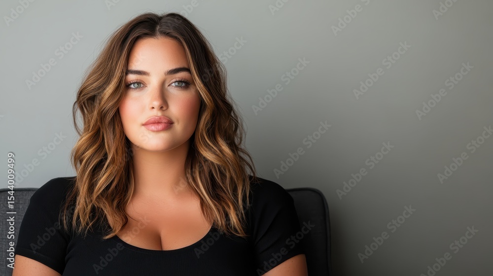 Naklejka premium A striking portrait of a woman with soft, natural makeup and flowing hair, radiating confidence and beauty, set against a minimalist background that enhances her features.