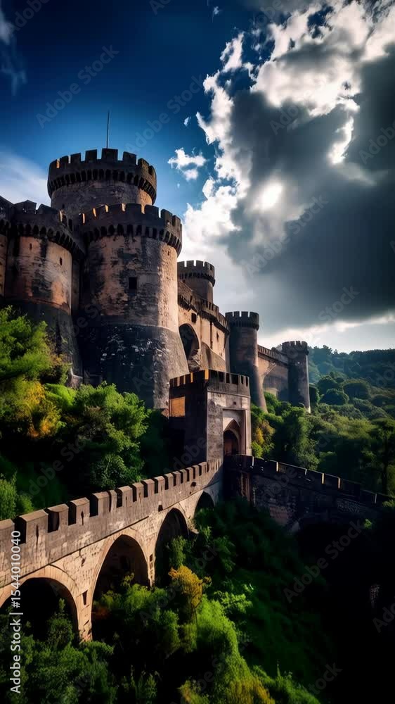 Stone castle with towers connected by a stone bridge sits on a green forested hillside beneath a dramatic sky Stone castle with towers connected by a stone bridge sits on a green forested hillside beneath a dramatic sky