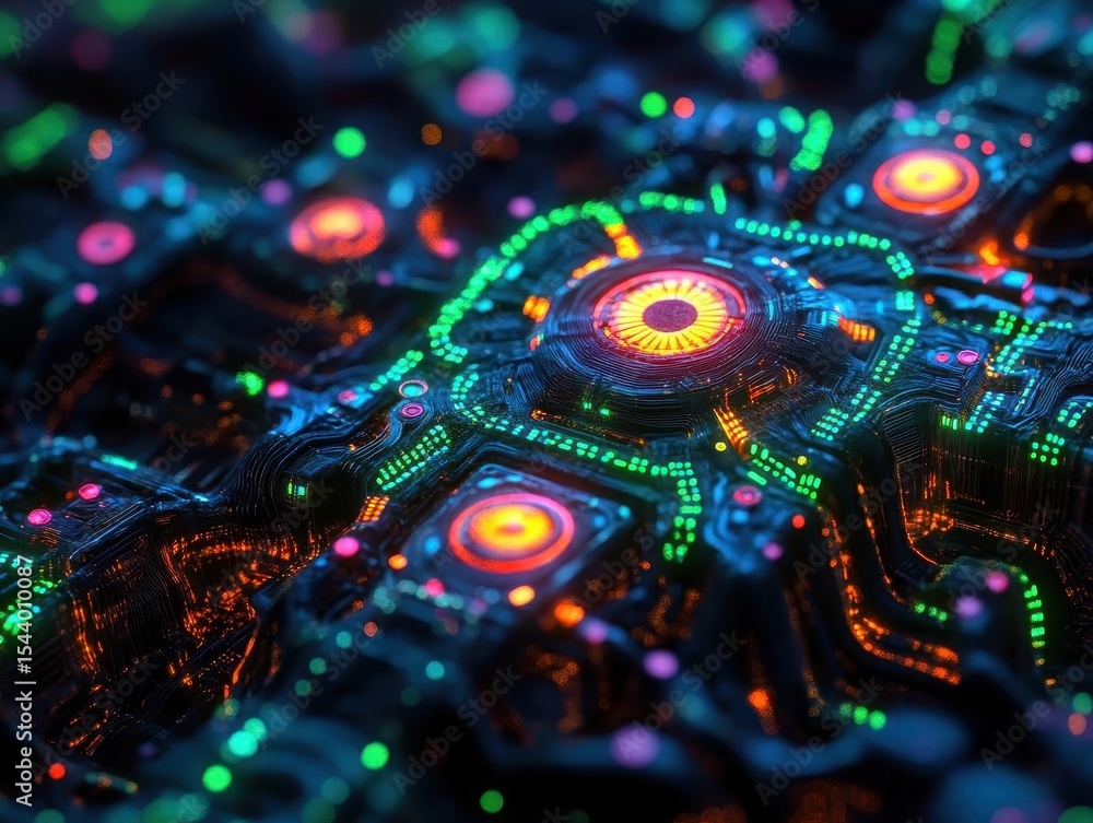 Fototapeta premium Closeup of AIpowered neural network, intricate circuitry, dark background, neon glow, highly detailed