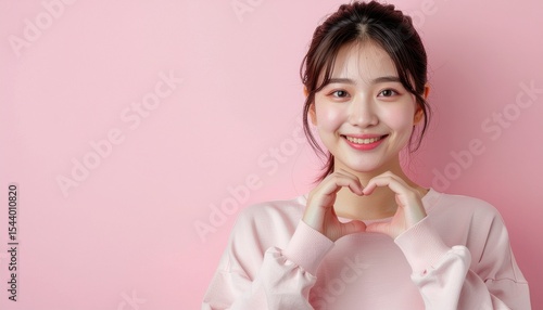 Smiling woman making heart gesture with hands on pink background

