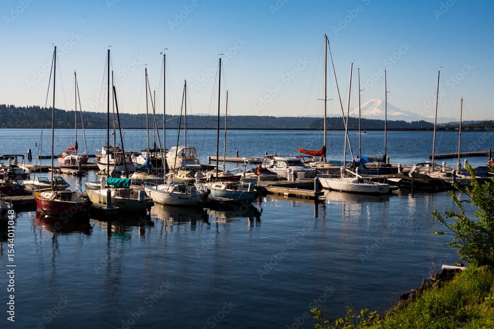 Fototapeta premium Leschi Marina and view of Mount Rainier, Seattle, Washington State, USA.
