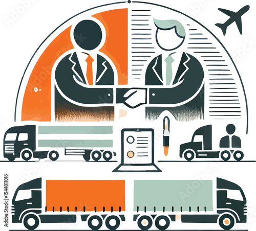 Logistics and transportation agreement depicted by business professionals handshaking and delivery trucks