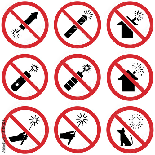 Set of Prohibition signs for the use of fireworks, firecrackers, and pyrotechnics in red and black