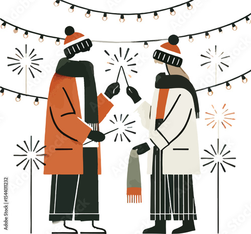 Two friends celebrating with sparklers under string lights during a winter celebration