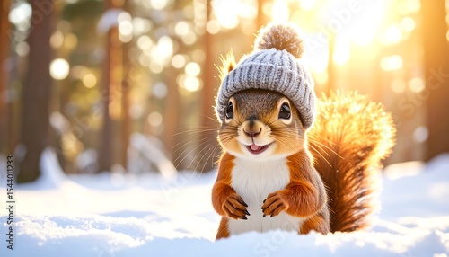 Cute squirrel in winter hat with snow.