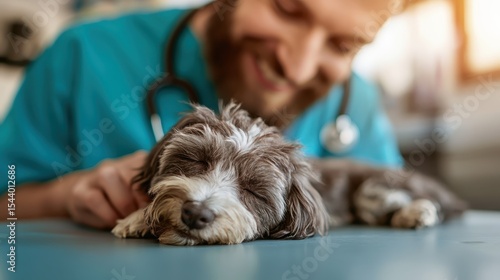 A smiling veterinarian gently cares for a sleeping puppy in a warm clinic, emphasizing the deep bond between pets and their owners in a nurturing environment.