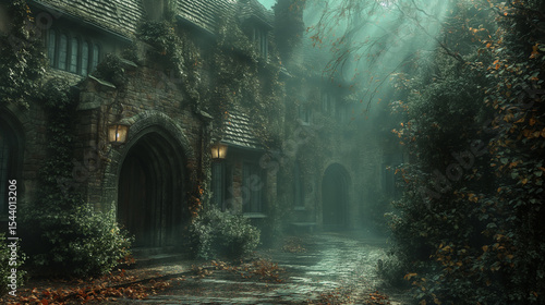 Mystical light rays in abandoned gothic courtyard. Overgrown architecture with autumn leaves. Perfect for fantasy storytelling, game design, or dark academia themes.
