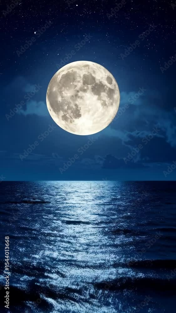 Ocean illuminated by a full moon with starry sky above water surface at nighttime in mysterious and tranquil nature Ocean illuminated by a full moon with starry sky above water surface at nighttime in mysterious and tranquil nature
