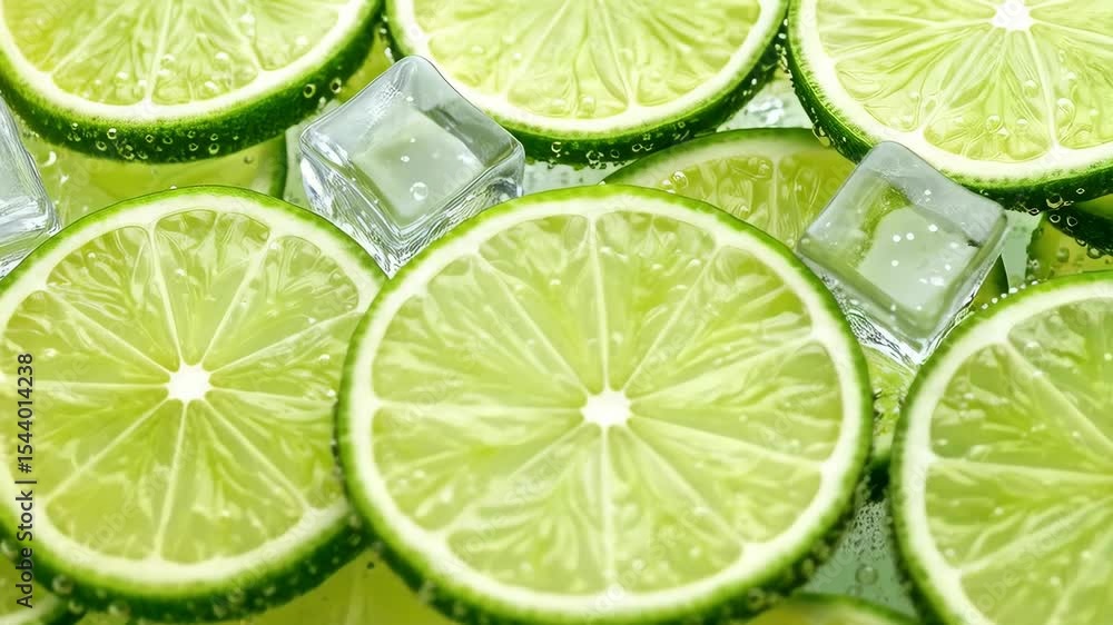 Close-up of sliced vibrant green limes and ice cubes with condensation droplets creating a refreshing display. Close-up of sliced vibrant green limes and ice cubes with condensation droplets creating a refreshing display.