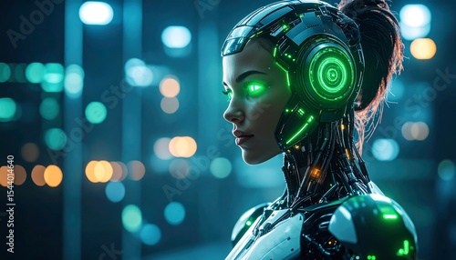 Cyborg Woman with Futuristic City.