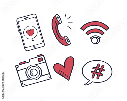 Hand Drawn Social Media Icons Smartphone Camera Heart Wifi