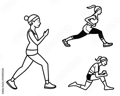 Three Women Performing Different Fitness Exercises Line Art