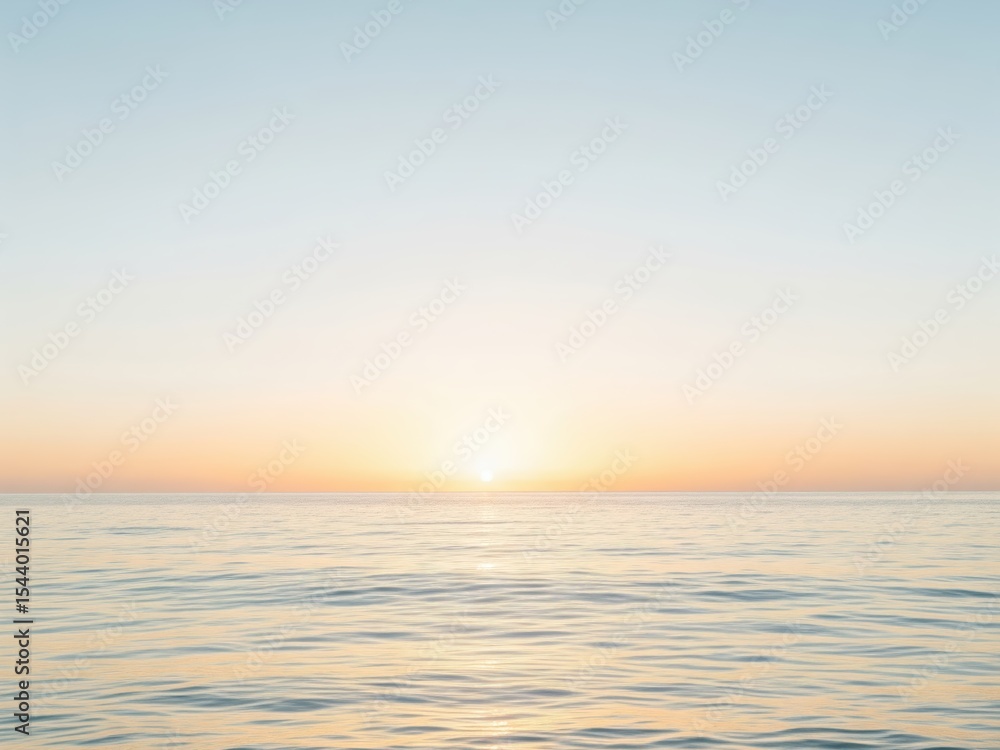 Obraz premium Minimalist ocean horizon at sunrise, calm water with gentle waves, sun reflecting on the surface, soft pastel blue and yellow tones, no objects or people