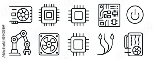 Technology industry line icon set. electronics, robotics, circuit, energy icons