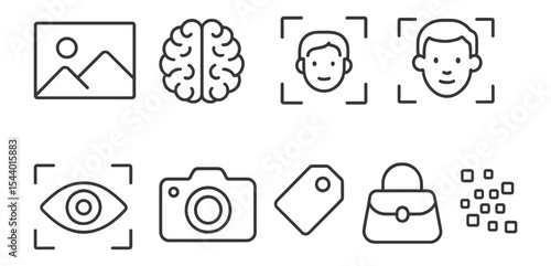 Face recognition line icon set. ai technology, camera interface, eye scan symbols