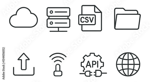 Technology data management line icon set. cloud, server, csv, file, upload icons