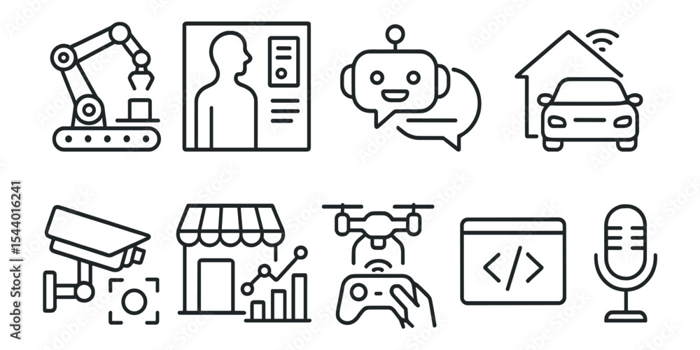 Fototapeta premium Technology, ai, automation line icon set. smart devices, robotics linear collection