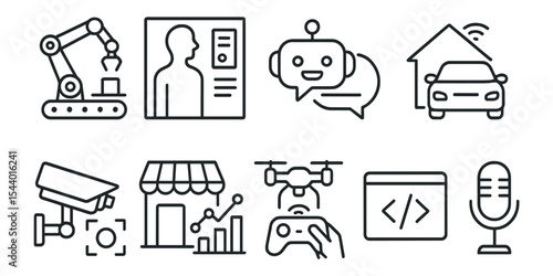 Technology, ai, automation line icon set. smart devices, robotics linear collection