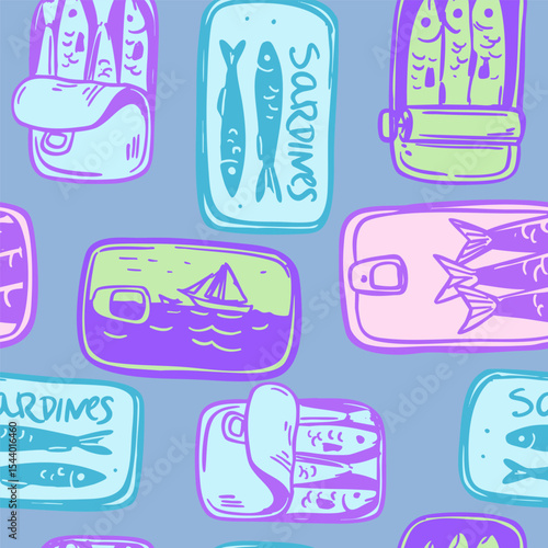 Sardines in a can, seamless pattern, fish, seafood, vector illustration set, hand drawn sketch