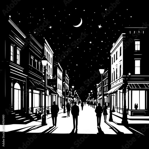 City street silhouette at night with streetlights, cafés and pedestrians under starry sky”