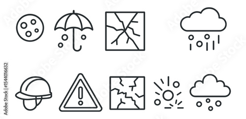 Weather and safety line icon set. rain, umbrella, warning, and cracks icons collection