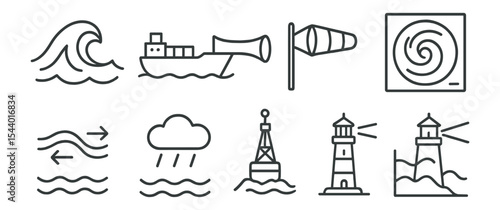 Weather and sea outline icon set. marine, nautical symbols for forecasting