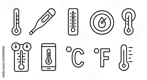 Temperature gauge icon set. weather, thermometer, celsius outline icon collection